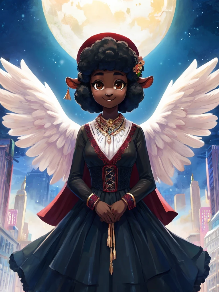 One cute anthro, black sheep woman, anthro black sheep, angel, sheep furry, sheep angel, black sheep, innocent, motherly, androgynous, dark skin, black woman, short afro hair, black hair, ((cartoony)), ((cute)), smiling, cute clothes, modest clothes, adorable, dark color scheme, black gray brown dark green maroon emerald and burgundy color scheme, old, elderly woman, cartoony, adorable, sheep tail, brown eyes, angel wings, bugs, bustling city, big city, heaven, white buildings, angels, wearing a dress with a fitted bodice with a high neckline and long sleeves adorned with lace, ruffles, and intricate embroidery and a full, floor-length skirt decorated with ribbon trim and a fashionable cape or cloak with fur trim along with large elaborate hats with wide brims and delicate jewelry such as brooches cameo necklaces and earrings made of pearls or small diamonds also high-button boots made of leather, often with a slight heel