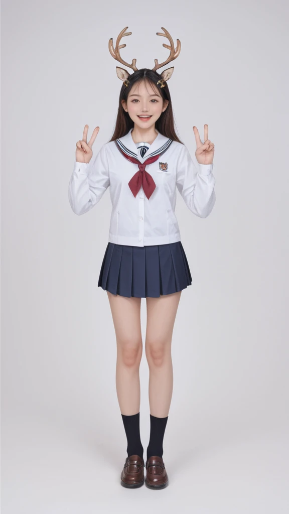 realistic,score_9, score_8_up, score_7_up, 
Hyperrealism，illumination， 1girl, stand, full body, simple background,  small breasts,  from front, Deer antler hairpin，Dynamic lens，Dynamic Action，Give a V victory sign, Girls' high school uniform，Double tail，Tiger Teeth，
