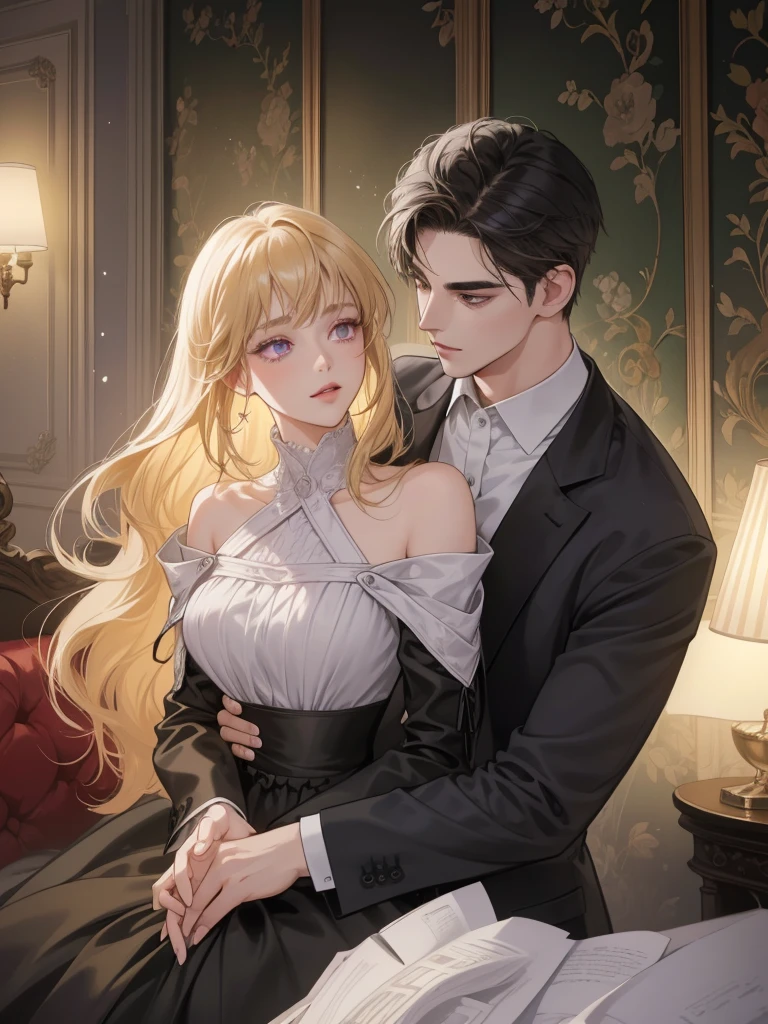 couple, 1 Girl 1 Boy, different hair color, Long black hair and purple eyes, Short blonde hair and green eyes, Romance, Illuminated suites, black color dress, Europeans, Luxury room background, Handsome face, Romantic, Have sex。Extreme detail, Digital art, 8K, Ultra HD,