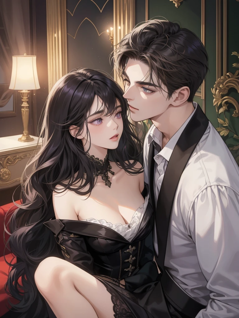 couple, 1 Girl 1 Boy, different hair color, Long black hair and purple eyes, Short blonde hair and green eyes, Romance, Illuminated suites, black color dress, Europeans, Luxury room background, Handsome face, Romantic, Have sex。Extreme detail, Digital art, 8K, Ultra HD,