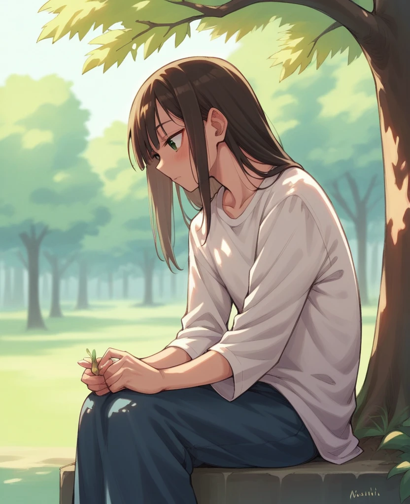 A wise and serene Buddha sitting under a Bodhi tree, Kisa Gotami approaching him with hope.