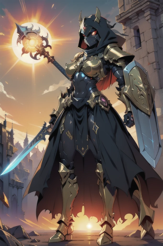 The whole body of a demonic demon girl with a big sword and a sun shield, gold and black armor, demon armor, from head to toes, corrupted armor, bright sun color reflected armor, gold demon armor, sun conjuring armored, devilcore, lord of the sun, arte conceitual digital devilcore, sun knight, arte conceitual devilcore, Armadura Daedric, shadow armor, sun armor, sword and shield, big shield, enormous shield