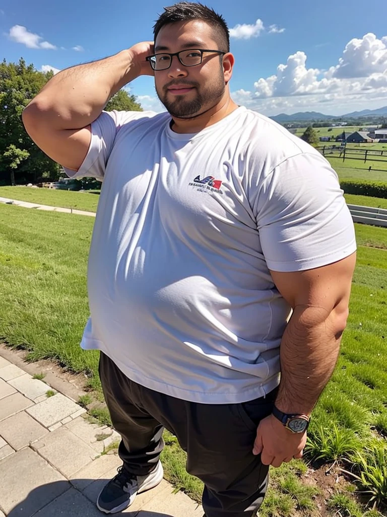 crew cut, (((full body))), (((landscape))), mature man, [slightly fat], asian man, rounded face, brown eyes, ((rounded face)), glasses, balding, 1boy, Solo, (big shoulders), (((stubbles, Short beard))), Handsome，School，Scout costumes，Standing