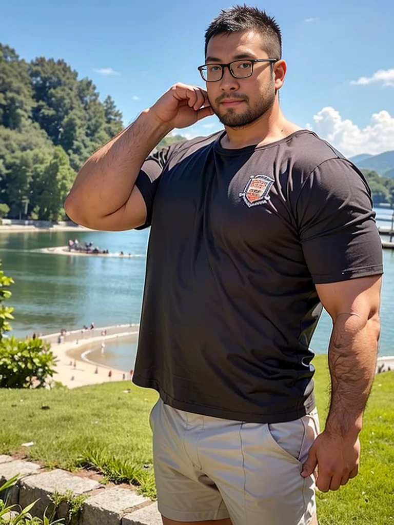 crew cut, (((full body))), (((landscape))), mature man, [slightly fat], asian man, rounded face, brown eyes, ((rounded face)), glasses, balding, 1boy, Solo, (big shoulders), (((stubbles, Short beard))), Handsome，School，Scout costumes，Standing