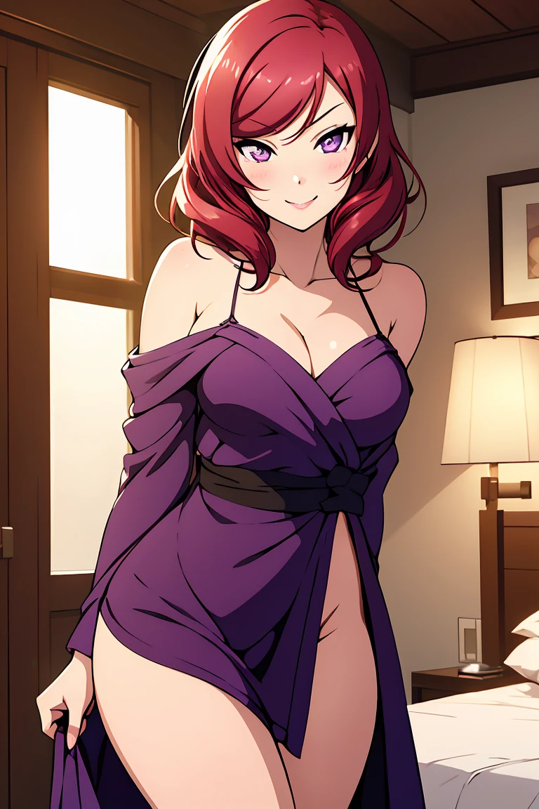 Nishikino maki, Purple eyes, bangs, curvy body, blush, lipstick, Hot girl, baddie, staring, glaring, bad attitude, mean girl, dare, angry, hate, crazy, smoking, sensual, attractive, masterpiece, best quality, highly detailed, breasts, nude,
thighs, open robe, nipples, parted lips, ,pose , evil smile, smile, (nsfw) not safe for work, lipstick ,
pussy, hold a handgun, bedroom, standing