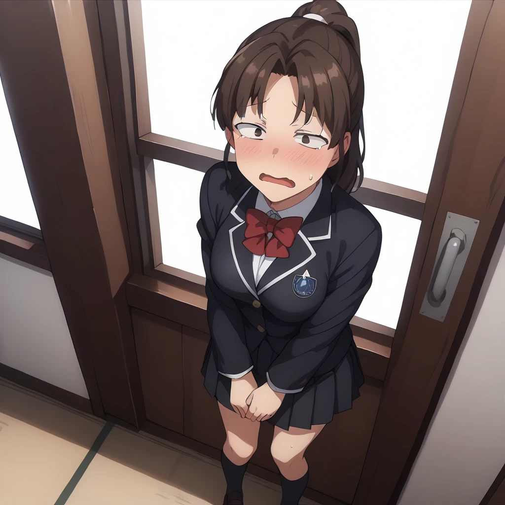 blush,sweat,from above,half-closed eyes,looking at viewer,wavy mouth,open mouth,embarrassed,
solo,
YuukoKawashima,brown eyes,sanpaku,1girl,black brown hair,ponytail,
school_uniform,black blazer,red bowtie,
pleated_skirt,black skirt,
black socks,
full body,standing,
