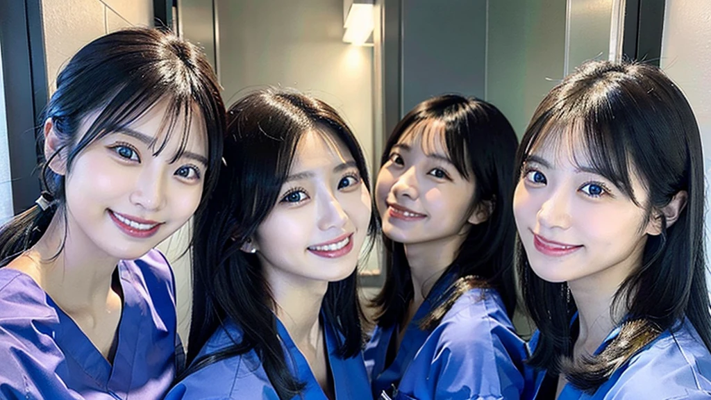 Dental hygienist, two women, wearing blue medical scrubs, Japanese, black hair, women in their early 20s　Upper body close-up　smile　Photo shoot at the clinic　Harmony々