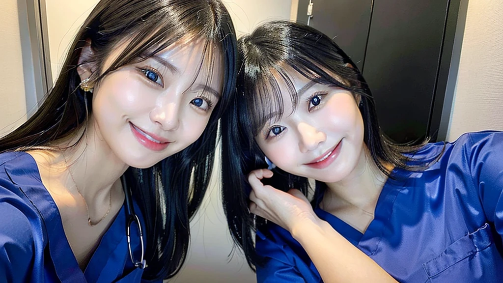 Dental hygienist, two women, wearing blue medical scrubs, Japanese, black hair, women in their early 20s　Upper body close-up　smile　Photo shoot at the clinic　Harmony々