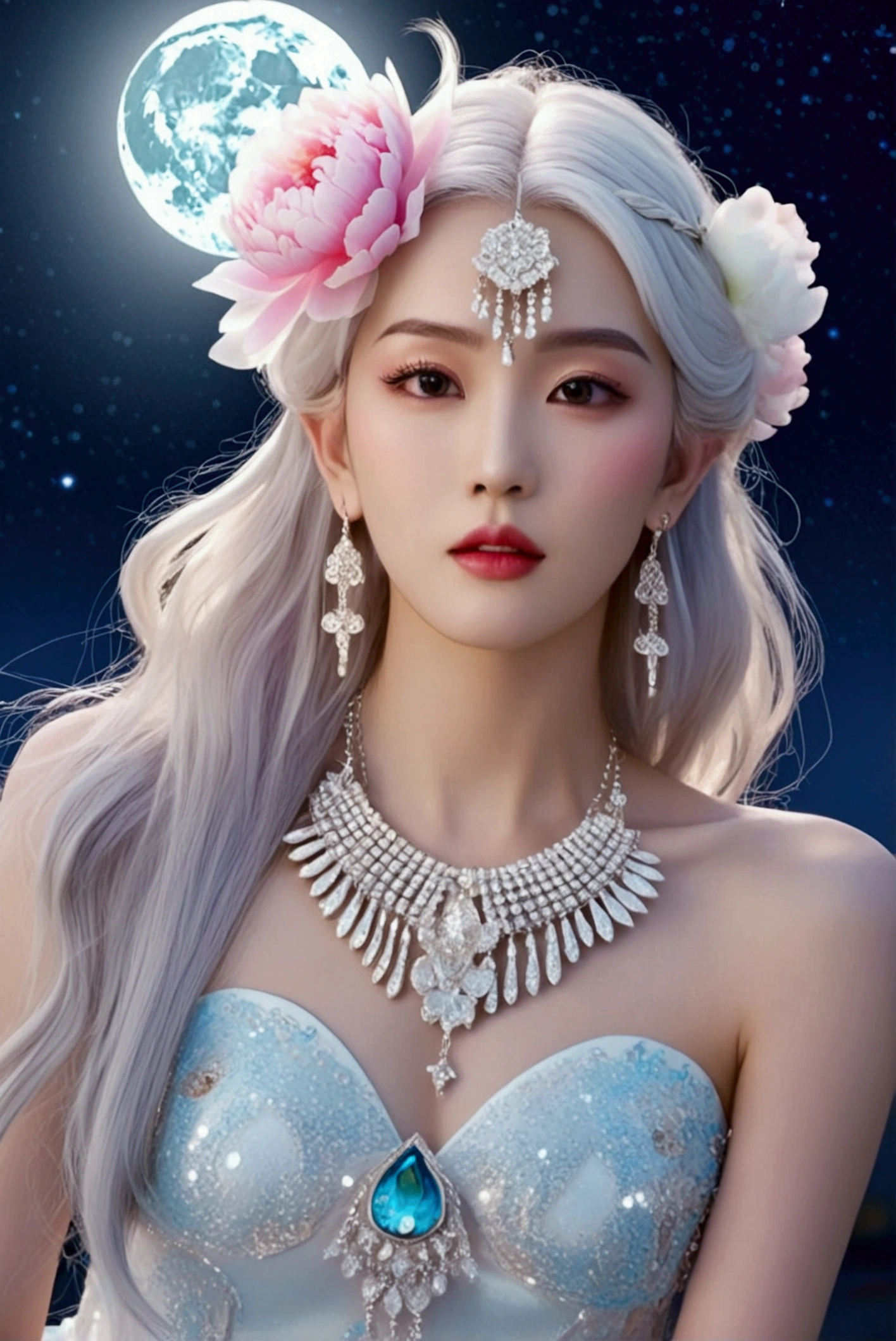 masterpiece, intricate details, 1girl, cheek pinching, Sparkling in the sunlight, Twinkling, White peony floating, The moon, dream, Long eyelash, She wears an ornate crystal necklace and earrings, fish hair ornament, flower-shaped pupils, hair one side up, quin tails, very long white hair, clavicle, Blush, Glitter, In the style of light, The stars are bright, Milky white background, widow's peak, Seven-minute shot, Surrealism, super detail, best quality, textured skin, high quality,