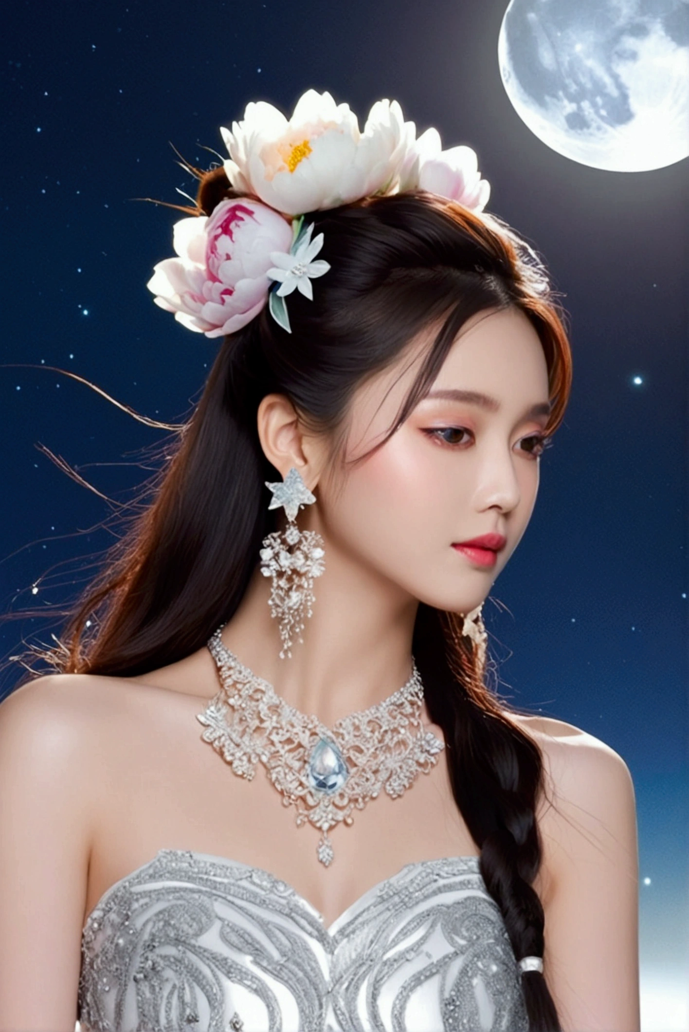 masterpiece, intricate details, 1girl, cheek pinching, Sparkling in the sunlight, Twinkling, White peony floating, The moon, dream, Long eyelash, She wears an ornate crystal necklace and earrings, fish hair ornament, flower-shaped pupils, hair one side up, quin tails, very long white hair, clavicle, Blush, Glitter, In the style of light, The stars are bright, Milky white background, widow's peak, Seven-minute shot, Surrealism, super detail, best quality, textured skin, high quality,