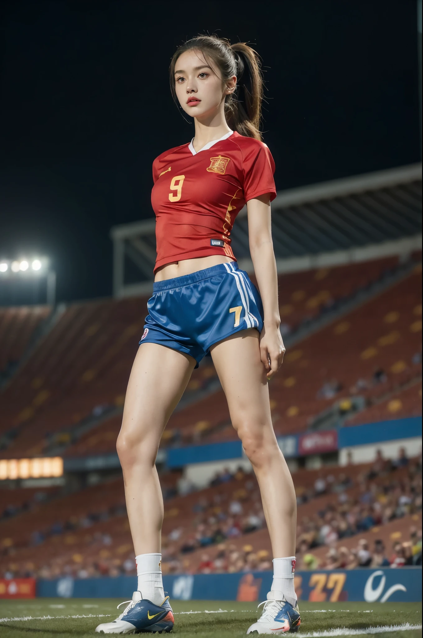 (((best quality))),(((ultra detailed))),(((masterpiece))),illustration,((1 beautiful girl,female footballer,solo)),((small breasts,flat chest)),((slim,thin)),summer night,stadium,crowded stands,enthusiastic spectators,football match,(short ponytail:1.2),(short sleeves:1.2),((Spain team kit,red shirt,blue shorts)),(slender legs:1.2),(football:1.3),fluid movements,powerful,sweat,forehead,exhaustion,passion for football,purposeful running,electric atmosphere,crowd roar,critical juncture,pressure,undeterred,floodlights,luminous glow,long shadows,drama,breathtaking sight,raw passion,unbridled energy,determination,skill,embodiment of sport's spirit,strength,resilience of human spirit,(standing:1.3),((from front,full body))