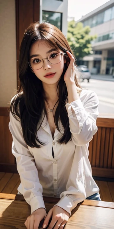 There was a woman sitting at the table.,hands on head, with glasses, Wear thin, large round glasses., Belle Delphine, Shiho, 19 year old girl, with glassesทรงสี่เหลี่ยม, young and cute girl, Yoshitomo Nara, I / 1. 9 6. 8 1 mm. ISO 4 0, Best picture quality, Masterpiece, Ultra high resolution, 8K, rift, big girl, Chest details, hair details, The eyes are detailed., sharp eyes, A thin smile., ProIessional lighting