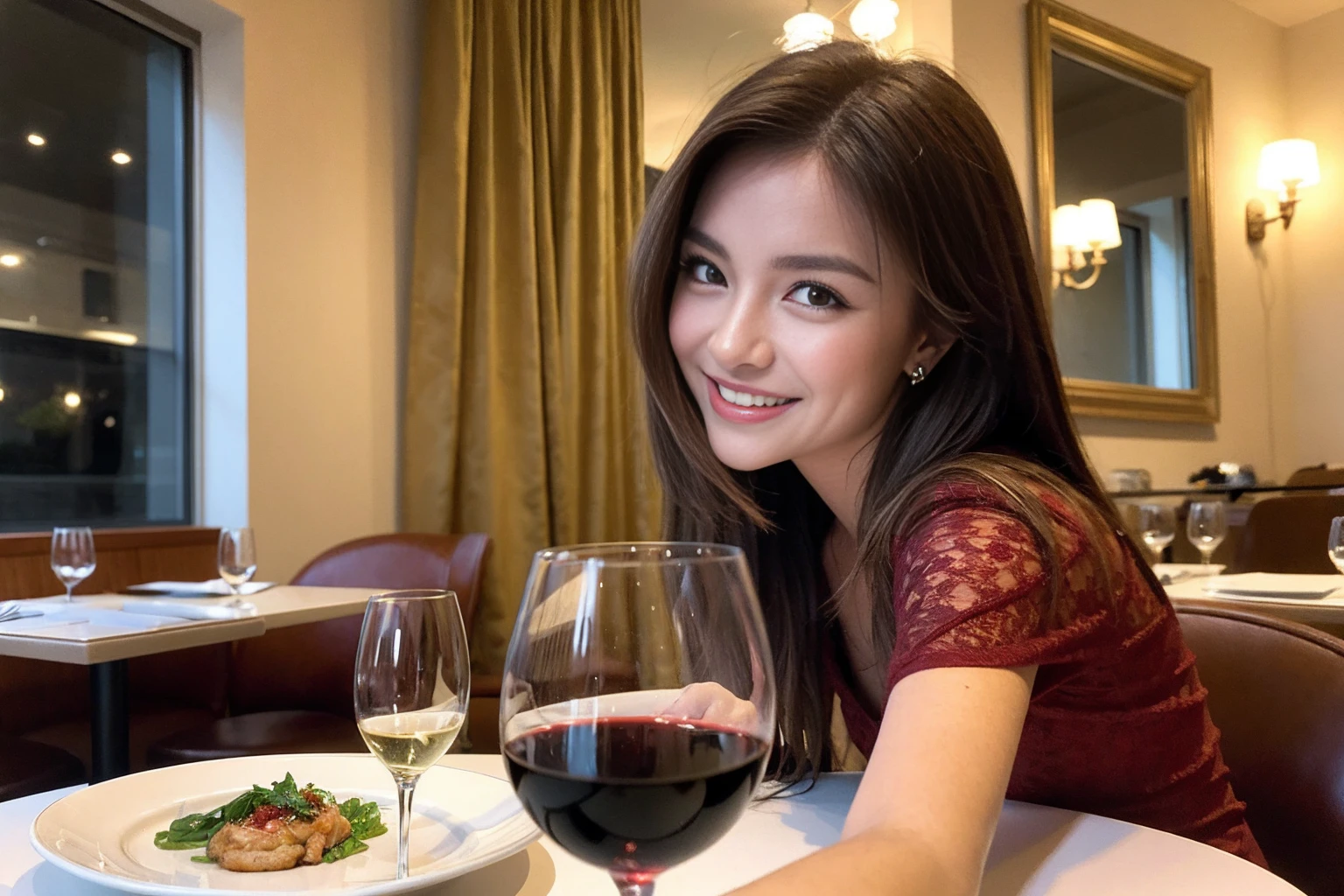 ((Highest quality、8K、masterpiece:1.3))、cute、slimカップル、modelカップル、actress男優、(Realistic, Intricate details:1.2), full-course dinner、Wine Party、Amazing view of the sunset sky and clouds、A bright smile、short hair,Bright Face、 (Age 45), 42 years old, red wine 、Appetizers、Italian food、Wine bottle、Champagne、sparkling wine、Two beauties、Brown Hair、Shortcuts、Long sleeve shirt、dress、Beautiful woman 1, (slimな顔), (The body is slim), (Brown Hair), (Shortcuts), cheeks turn a little red,Attractive beauty、restaurant, In a prominent place (From the waist up) Nova Frog Style, actress, model, Upper Body, White wine, slim, wine glass, 中央に置かれたwine glass, smile, (smile: 1.15), Beautiful fine grain, Depth f/2,saturation, High Contrast, Strong light and shadow,Moist Body:1.5、3D texture、Delicate eyes、Brown Hair、The hair is very shiny、