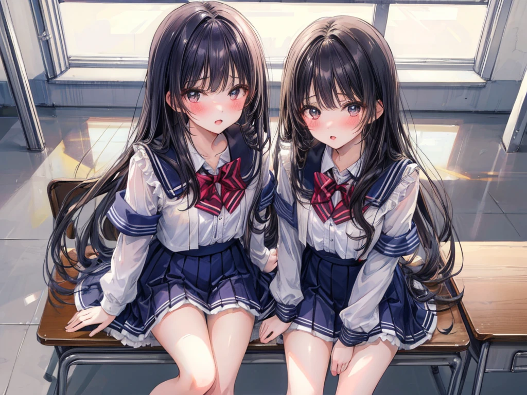 (Highest quality, 8K, 32k, masterpiece, Ultra-high resolution,:1.2),born, Two Girls,Super cute , Natural light,Clear, shining eyes, 20-year-old,Mid-chest ,Fair skin ,Blushed,Dynamic Lighting, School classroom,Sitting in a chair, ((学born服)), loafers, Shiny,Open your mouth wide,Wide lips,Vulgar mouth,Looking up,Flattery,