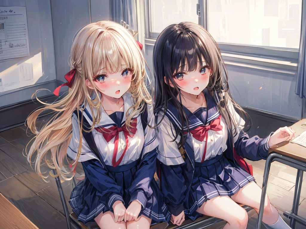 (Highest quality, 8K, 32k, masterpiece, Ultra-high resolution,:1.2),born, Two Girls,Super cute , Natural light,Clear, shining eyes, 20-year-old,Mid-chest ,Fair skin ,Blushed,Dynamic Lighting, School classroom,Sitting in a chair, ((学born服)), loafers, Shiny,Open your mouth wide,Wide lips,Vulgar mouth,Looking up,Flattery,