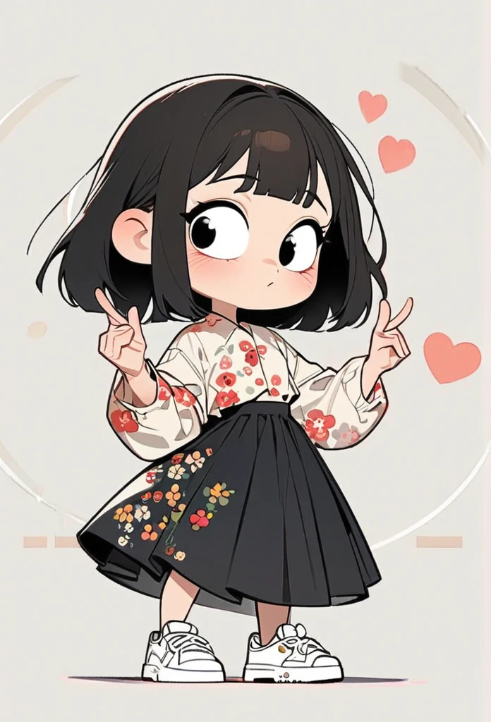 (art, best quality: 1.2), cartoon character design, a young girl with straight black hair, alone, big eyes, cute expression, Korean, making Korean heart, with her fingers, floral shirt, circular midi skirt, white sneakers , standing, interesting, interesting, clean lines