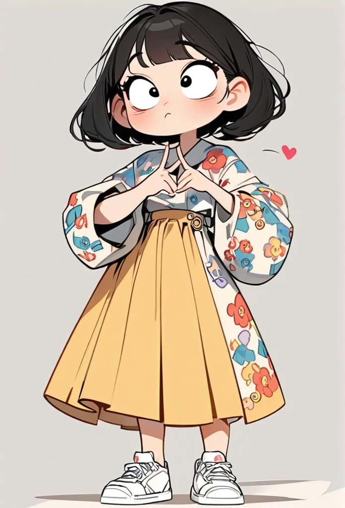 (art, best quality: 1.2), cartoon character design, a young girl with straight black hair, alone, big eyes, cute expression, Korean, making Korean heart, with her fingers, floral shirt, circular midi skirt, white sneakers , standing, interesting, interesting, clean lines