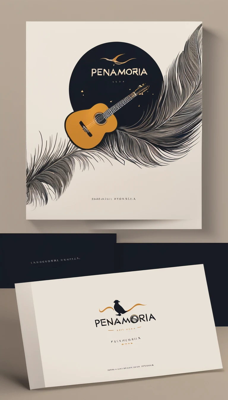 A minimal, modern, simple, cinematic logotype for the brand “Penamemoria". The logotype must be a simple, magical feather and a boy playing acoustic guitar. The logo must convey a sense of music, stories and dreams. Logo design impressed on a book cover. Minimalistic logo