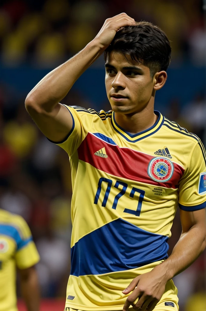 Man with the Colombia national team shirt with the name Oscar and the number 2 in a soccer stadium tribune