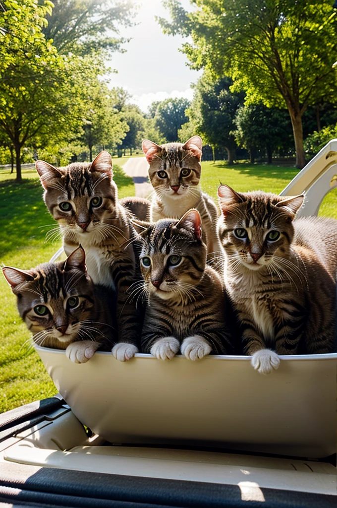 Mamma cat with their kittens, taking a ride at park, on a sunny afternoon.