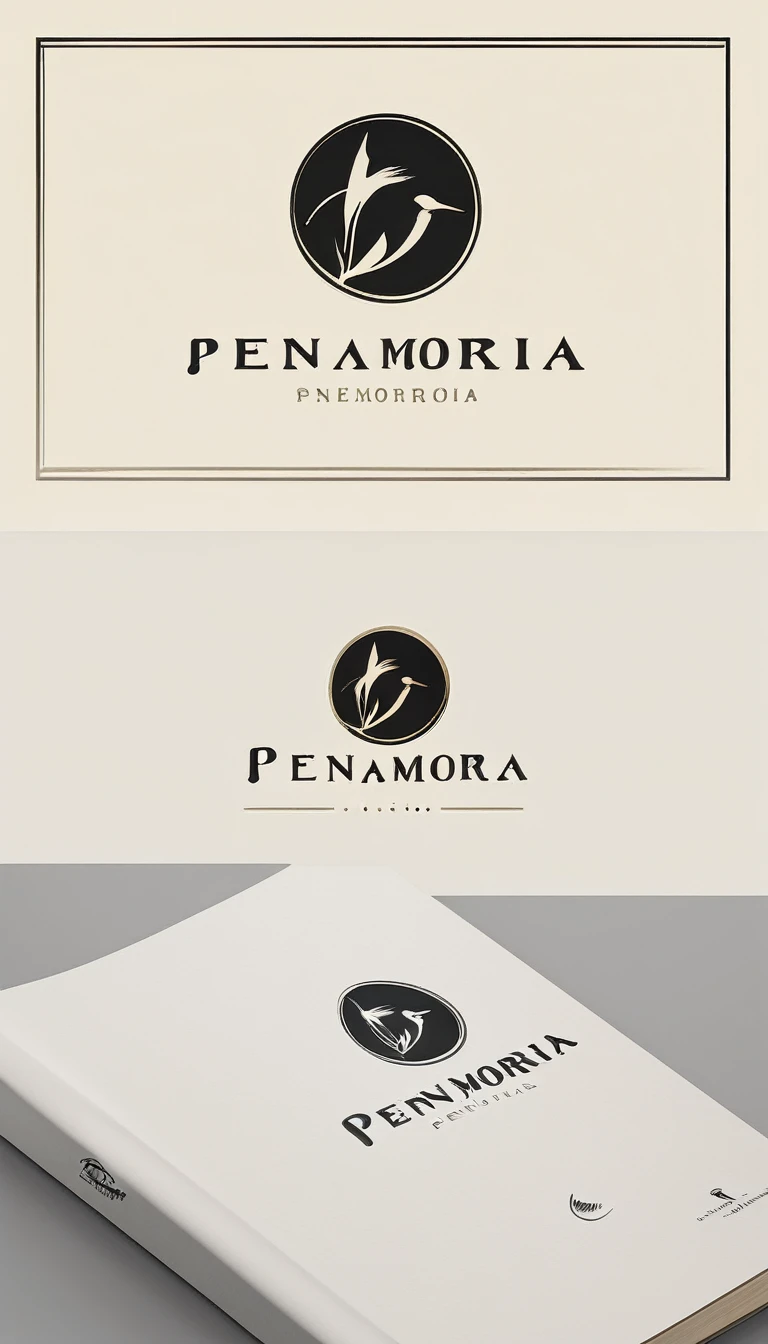 A minimal, modern, simple, cinematic logotype for the brand “Penamemoria". The logotype must be a simple, magical feather and a boy playing acoustic guitar. The logo must convey a sense of music, stories and dreams. Logo design impressed on a book cover. Minimalistic logo