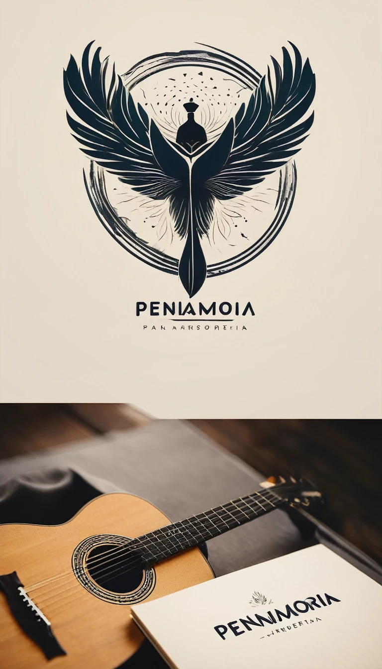 A minimal, modern, simple, cinematic logotype for the brand “Penamemoria". The logotype must be a simple, magical feather and a boy playing acoustic guitar. The logo must convey a sense of music, stories and dreams. Logo design impressed on a book cover. Minimalistic logo