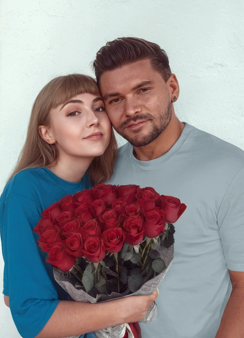 Quality improvement, gray t-shirt for a man, woman's blue blouse, realism, photographic photography, a bouquet of roses in a girl's hand