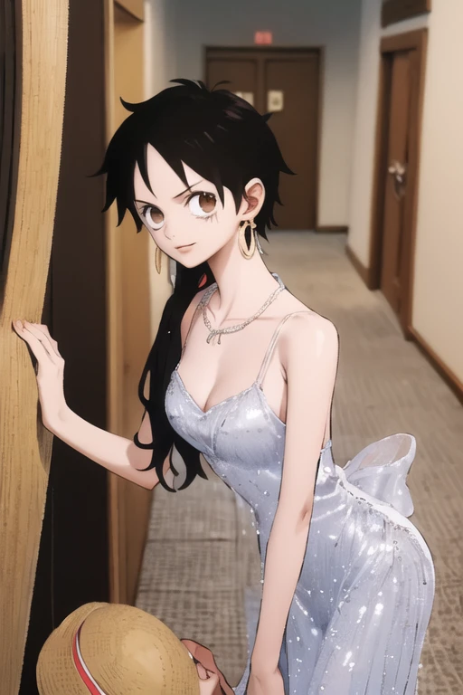 (masterpiece, best quality), beautiful face,  monkey_d_luffy, Luffy female, straw hat, scar, scar under eye, genderswap, brown eyes, elegant sleeveless dress, diamond necklace, emerald earrings, in the hall