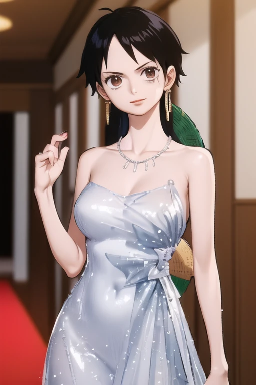 (masterpiece, best quality), beautiful face,  monkey_d_luffy, Luffy female, straw hat, scar, scar under eye, genderswap, brown eyes, elegant sleeveless dress, diamond necklace, emerald earrings, in the hall