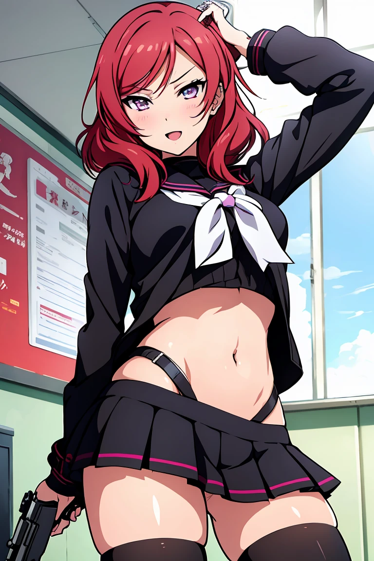 Nishikino maki, Purple eyes, bangs, curvy body, blush, lipstick, Hot girl, baddie, staring, glaring, bad attitude, mean girl, dare, angry, hate, crazy, smoking, sensual, attractive, masterpiece, best quality, highly detailed, a anime girls in sailor uniforms with a gun posing for a picture,
evil smile, smile, open mouth,black_serafuku, ecchi anime style, anime girls , (nsfw) not safe for work,
ecchi style, ecchi, shipgirls, digital anime art!!, high school girls, holding a gun, hold a gun, anime style 4
k, micro skirt, exposed belly, exposed navel, exposed midriff,
exposed lower belly,school, classroom, navel piercing