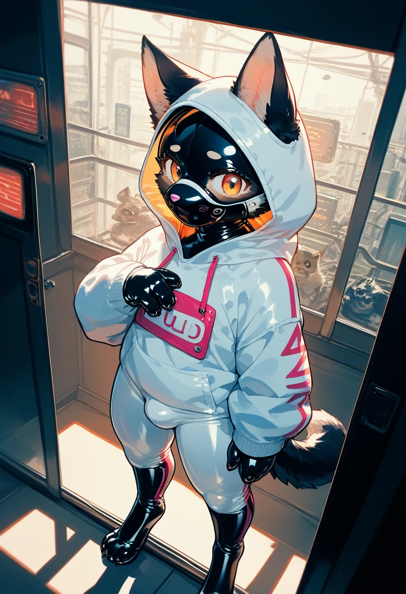 Highest quality, Highest quality, High quality illustrations, masterpiece, Ultra-high resolution, Detailed Background, Games Room, Absurd, Perfect Anatomy, performance, Good lighting, Shadows in the movies(kemono, Furry PersonifiCation), Cat, Dark Skin, Rubber suit, Rubber suit, latex, neon, neonライト, neonカラー, Rubber spats, White rubber hoodie, Rubber mask, ribbon, Embarrassing, Null bulge, male, juvenile, From above