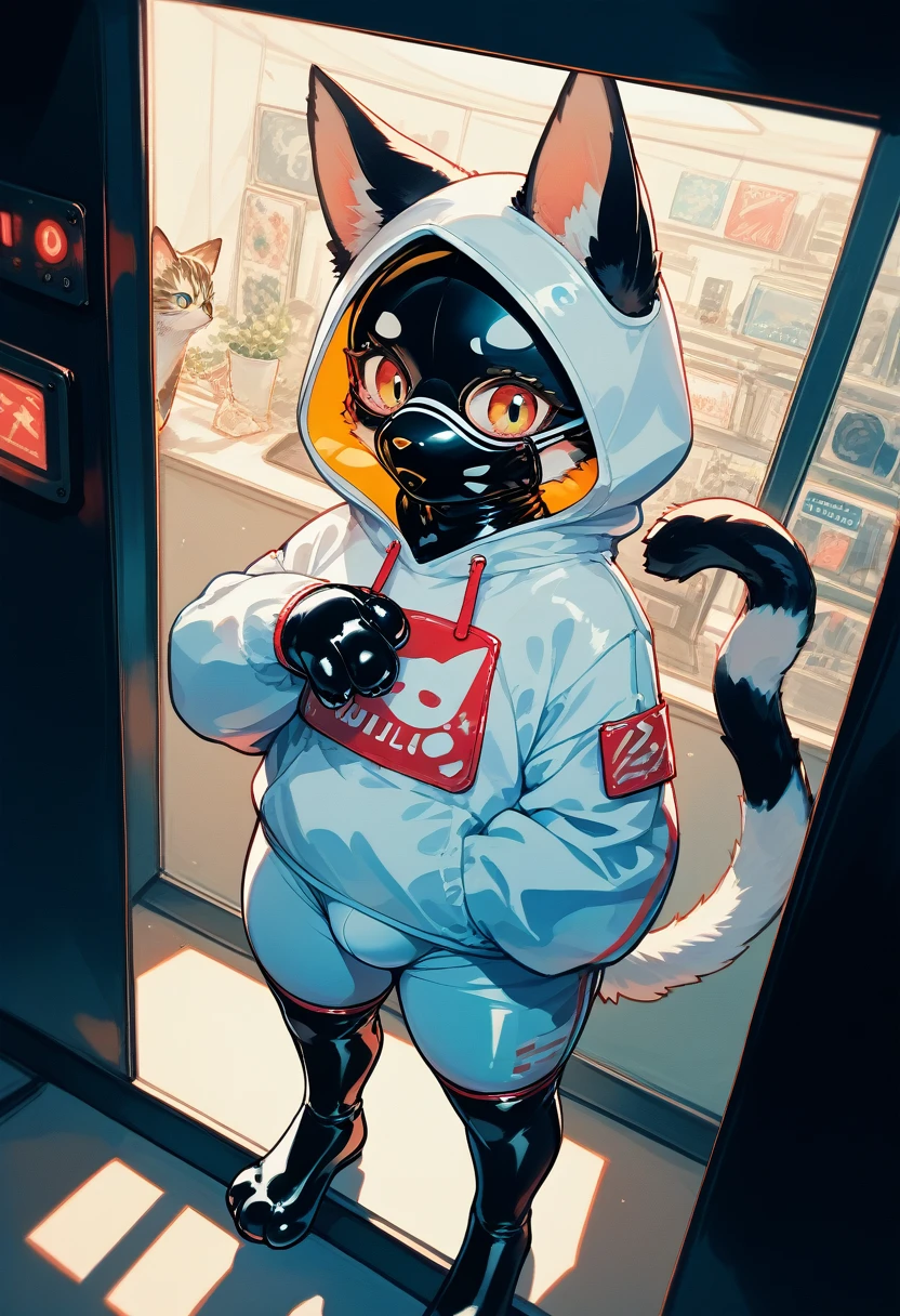 Highest quality, Highest quality, High quality illustrations, masterpiece, Ultra-high resolution, Detailed Background, Games Room, Absurd, Perfect ???????, performance, Good lighting, Shadows in the movies(kemono, Furry PersonifiCation), Cat, Dark Skin, Rubber suit, Rubber suit, latex, neon, neonライト, neonカラー, Rubber spats, White rubber hoodie, Rubber mask, ribbon, Embarrassing, Null bulge, male, juvenile, From above
