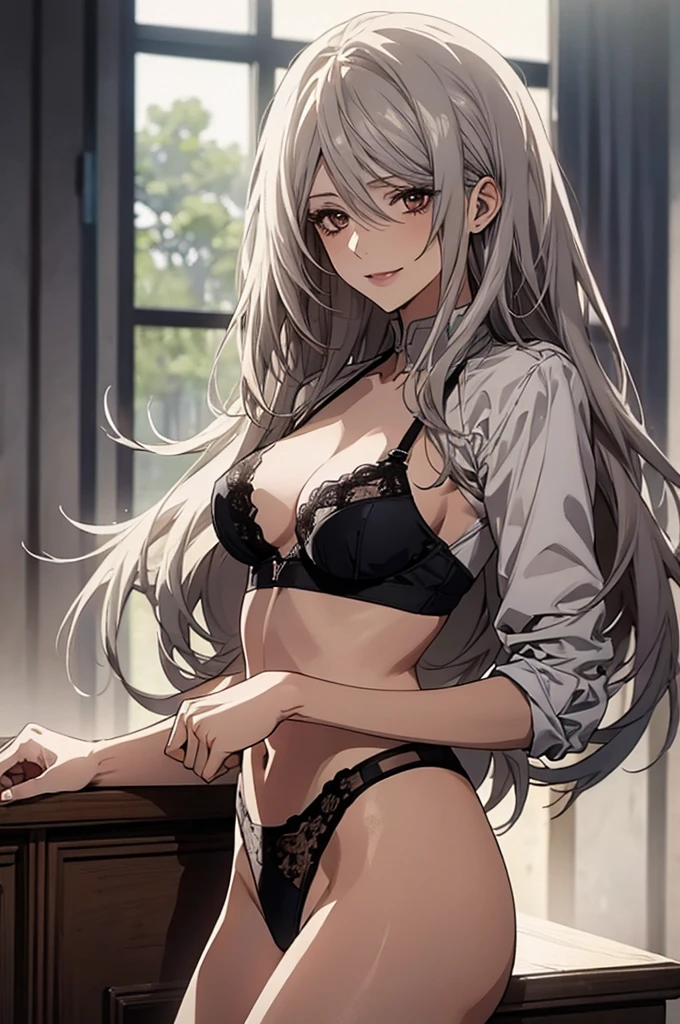 (Highest quality, High resolution, Very detailed), 1 female, Silver Hair, Long Hair, Reddish brown eyes, lace thong bra, Large Breasts, secretary, 24th generation, Beautiful woman, mature, quiet, Calm, A small smile, office,