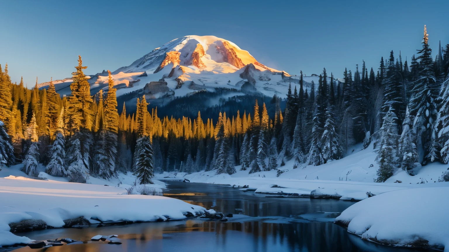 (Masterpiece:1.4, top-quality), ultra hi-res 8k, Mount Rainier, Snow Scene