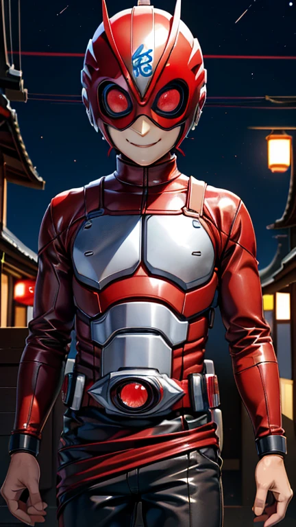 (8k),(masterpiece),(Japanese),(8-year-old boy),((innocent look)),((Childish)),From the front,smile,cute,Innocent,Kind eyes,Flat chest, Gaara,Kamen Rider,red helmet,red superhero mask,camisa,no Hair,night,dark, Neon light cyberpunk Konoha village