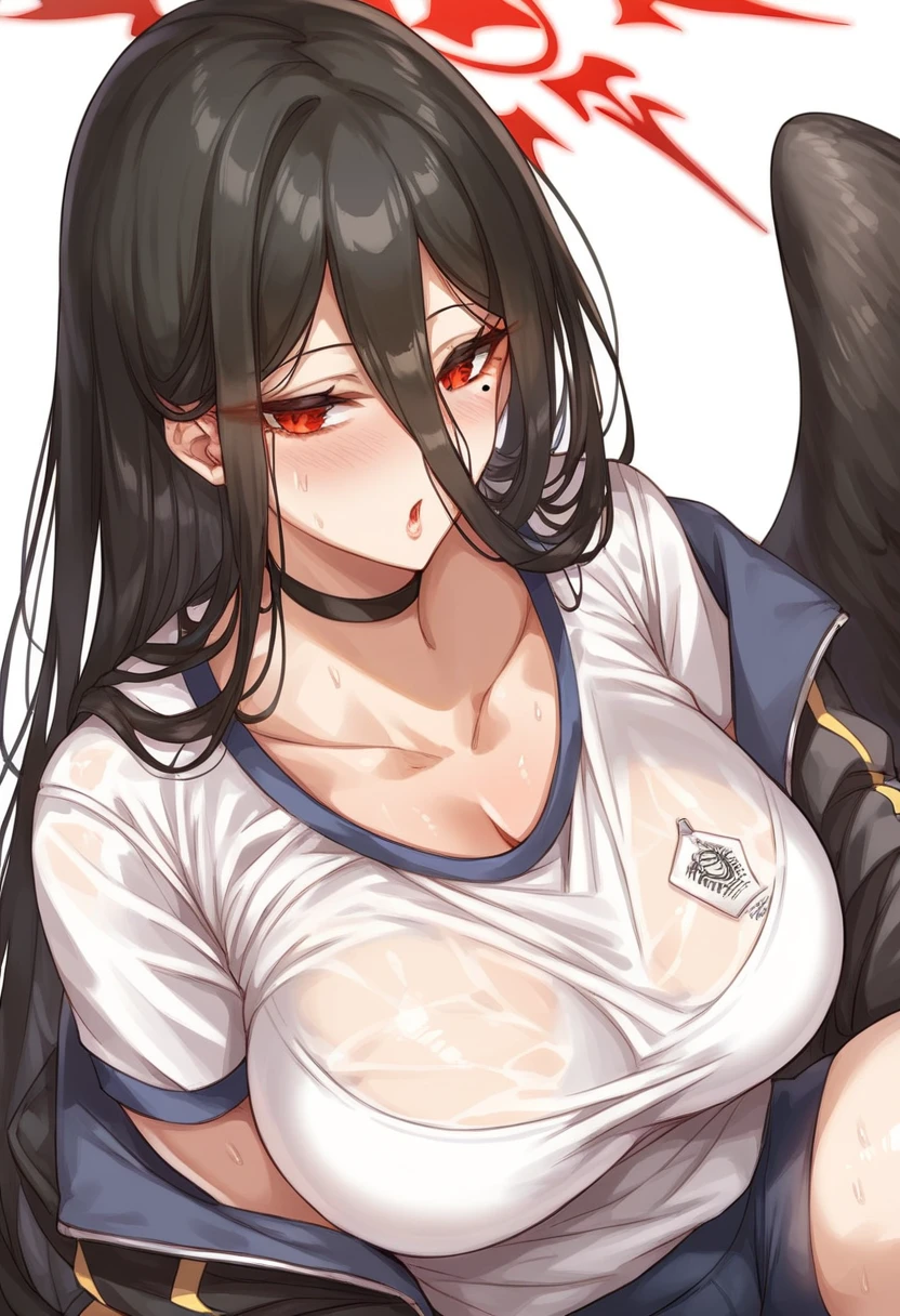 score_9, score_8_superior, score_8,sauce_anime,alone,One girl, Hasumi_\(green_archive\),Hasumi_\(Tracking\)_\(green_archive\),One girl,formal_Alternative_Costumes,black_wing,white_shirt,Gym_uniform,black_choker,Mole_Down_eye,Tracking_Jacket,Feathered_wing,Huge_chest,big_chest,Gym_shirt,, No correction,