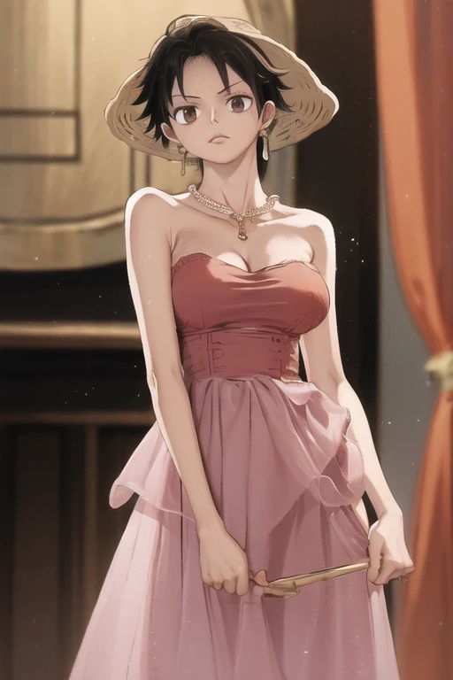 (masterpiece, best quality), beautiful face,  monkey_d_luffy, Luffy female, straw hat, scar, scar under eye, genderswap, brown eyes, elegant sleeveless dress, diamond necklace, emerald earrings, in the hall