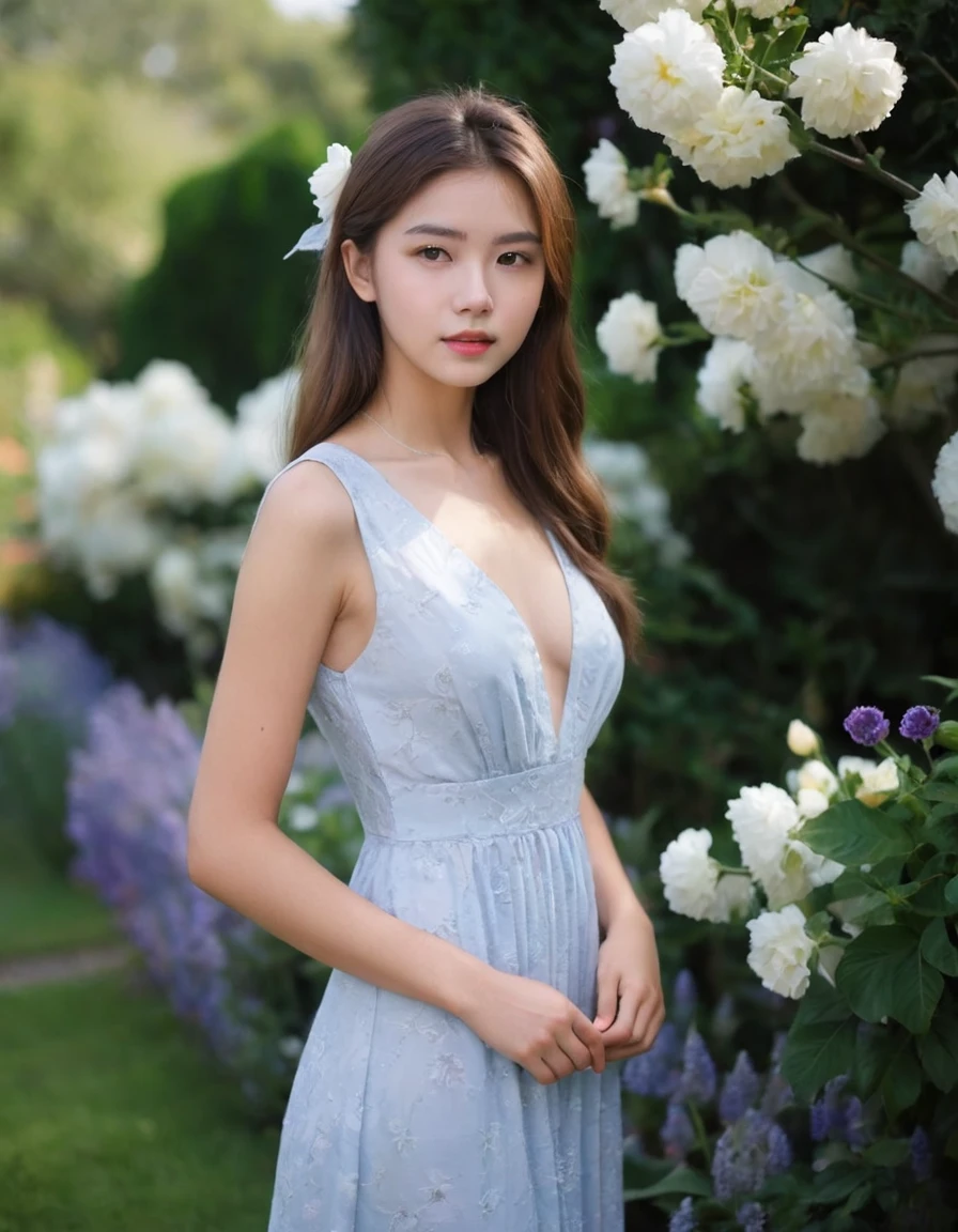 18 year old girl, (Very detailed face, Fine skin), upper body, Deep V Dress, elegant young woman, garden, outdoor,
