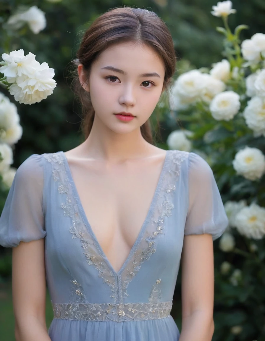 18 year old girl, (Very detailed face, Fine skin), upper body, Deep V Dress, elegant young woman, garden, outdoor,