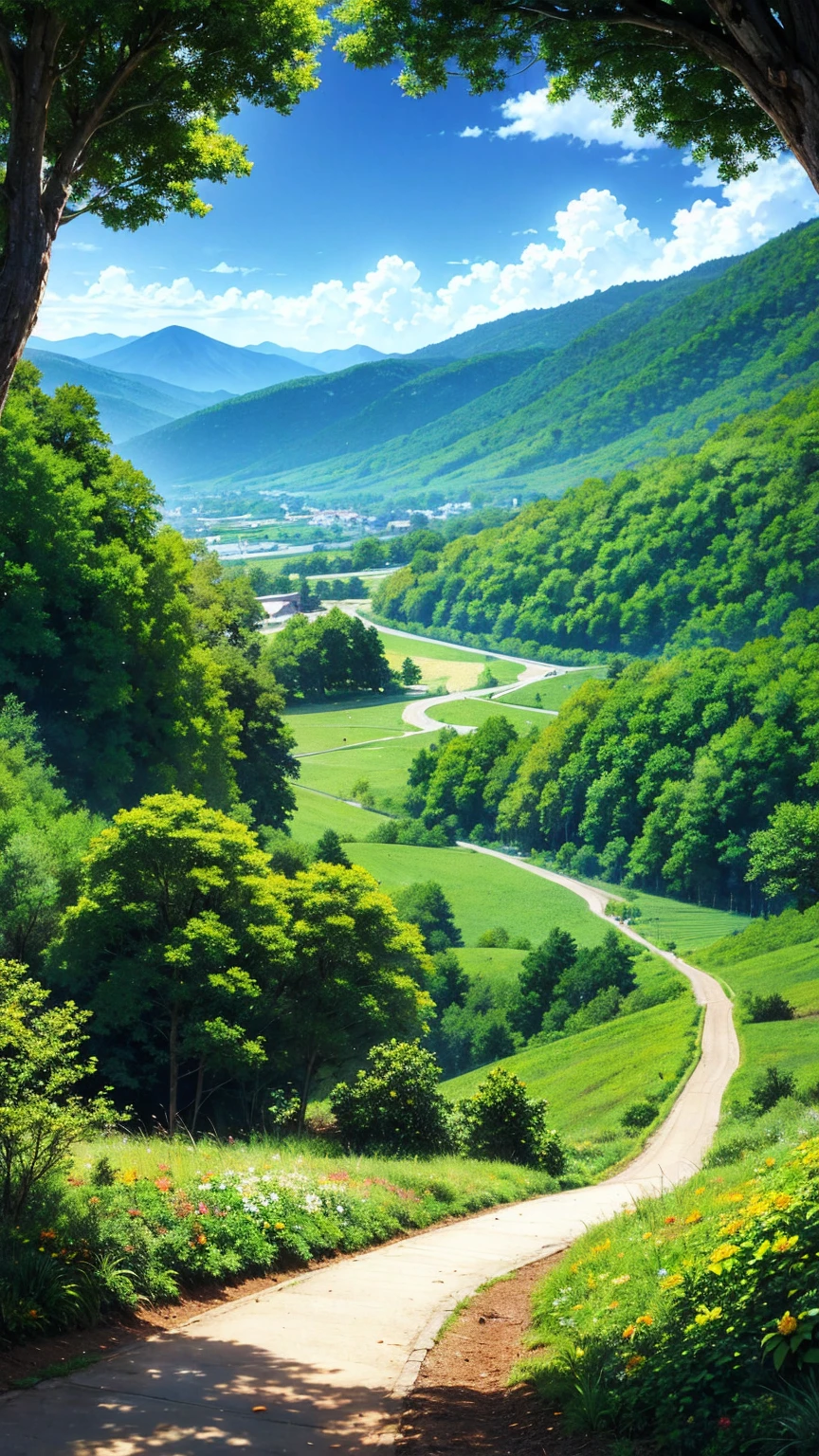 anime-style illustration, A serene landscape featuring a young woman standing on a path, overlooking mountainous valley and big castle. The scene is depicted in a highly saturated and vibrant style, intense and rich colors vivid. The lush greenery, cascading hills, rendered with strong exaggerated colors that enhance the natural beauty. clear blue sky and distant mountain peaks. She is walking along a path illuminated by stars, creating a magical glow. The grassland is filled with glowing flowers, fireflies, and distant mountains under the night sky.