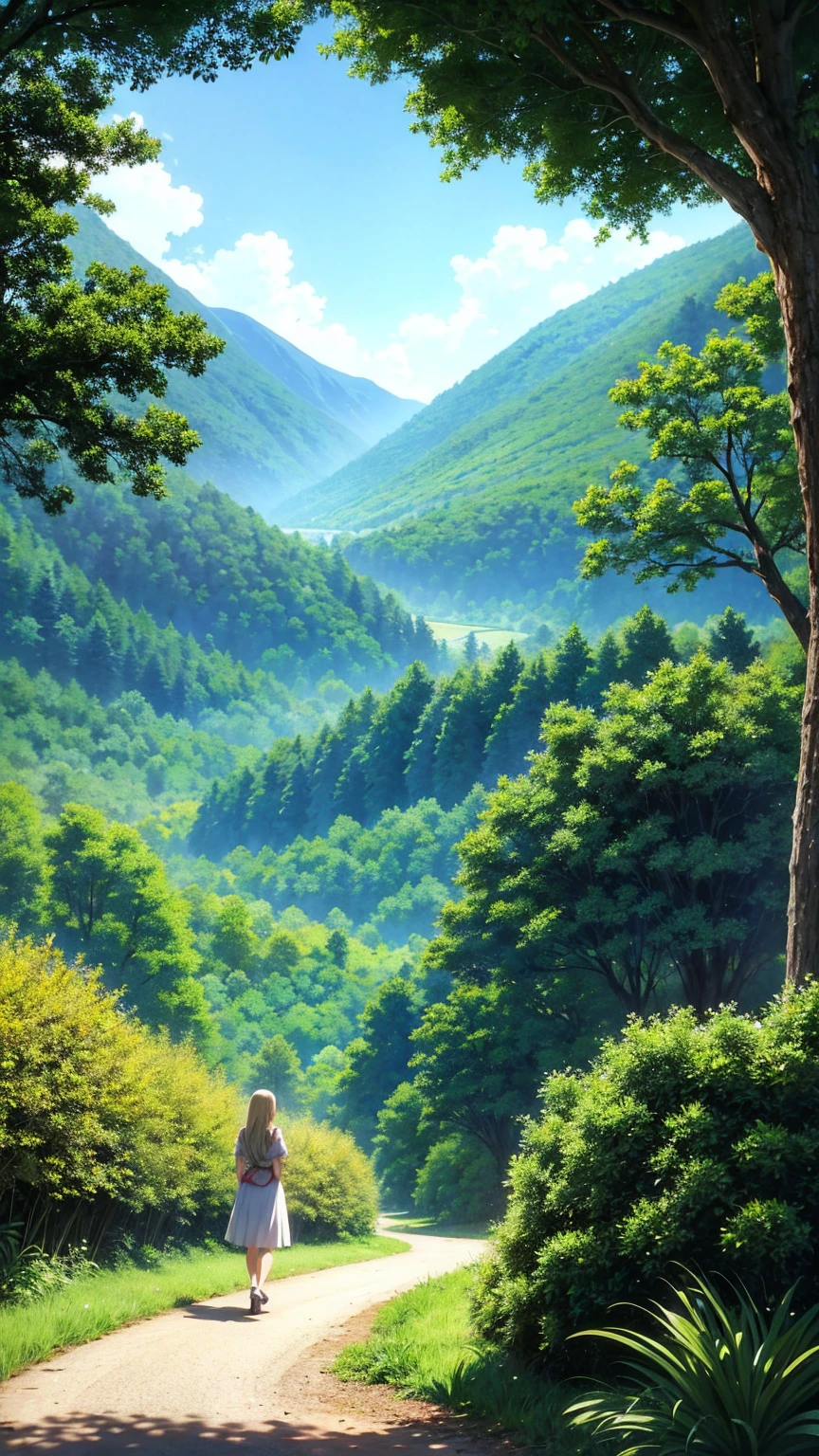 anime-style illustration, A serene landscape featuring a young woman standing on a path, overlooking mountainous valley and big castle. The scene is depicted in a highly saturated and vibrant style, intense and rich colors vivid. The lush greenery, cascading hills, rendered with strong exaggerated colors that enhance the natural beauty. clear blue sky and distant mountain peaks. She is walking along a path illuminated by stars, creating a magical glow. The grassland is filled with glowing flowers, fireflies, and distant mountains under the night sky.