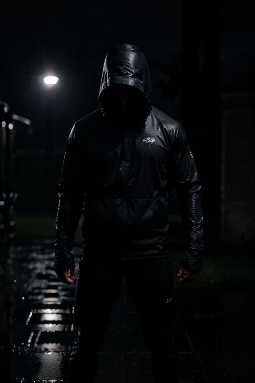 Dark faceless monstrous workout in the dark rainfall