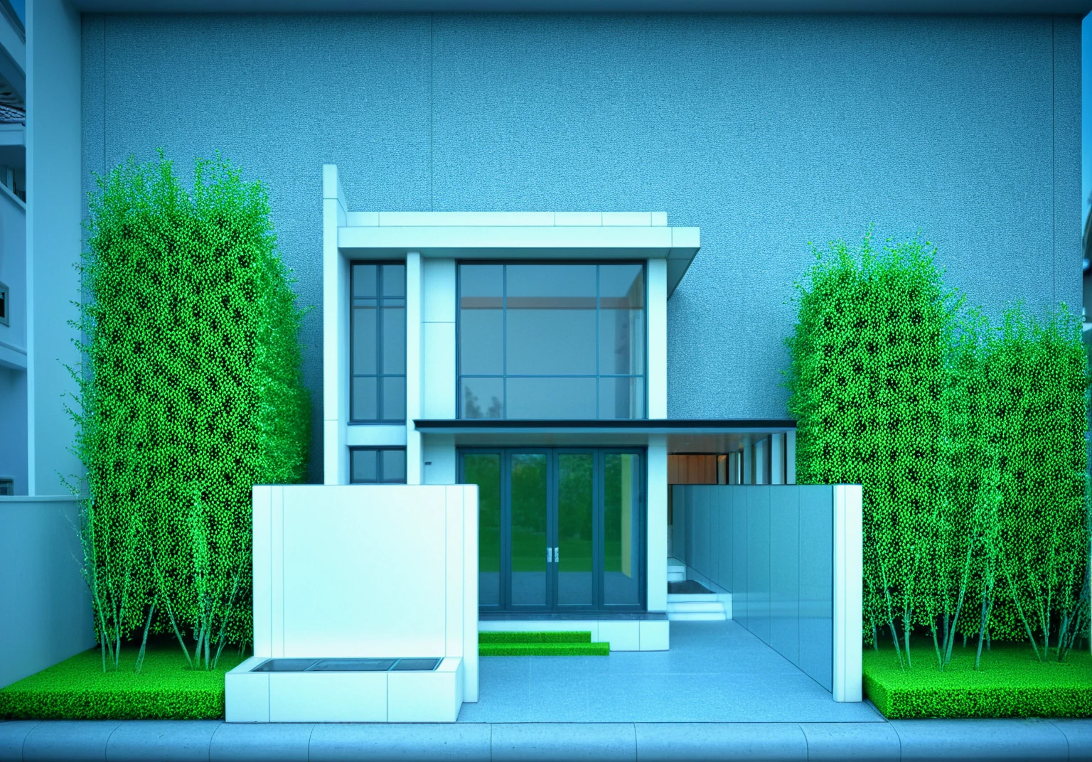 modern villa on street, (daylight), tropical tree, green shrub and plants, vivid color, streetcapes, minimalist design, brigth grey tone, (large glass door:1.2), warm interior lighting, modern material, best quality, ultra realistic, masterpiece,