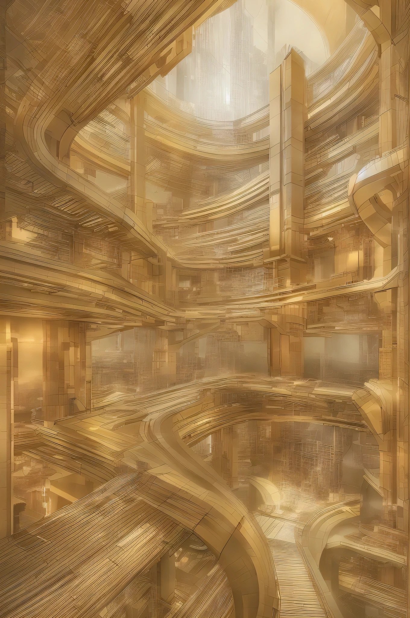 highly detailed, futuristic architectural sketch of a postmodern human habitat, drawn in a beautiful, mesmerizing golden hue. The lighting should evoke a sense of grandeur and awe, similar to the given reference image. The design should feature intricate lines and structures, capturing the complexity and beauty of the building. The style should be a blend of advanced technology and elegance, reflecting themes of health, happiness, self-discipline, and technological advancement