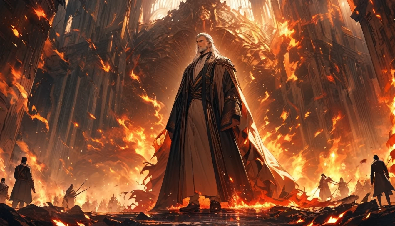 high resolution, An incomparable masterpiece, Detailed background, a handsome man general lasalle, He is a tall man and somewhat old, is surrounded by fire