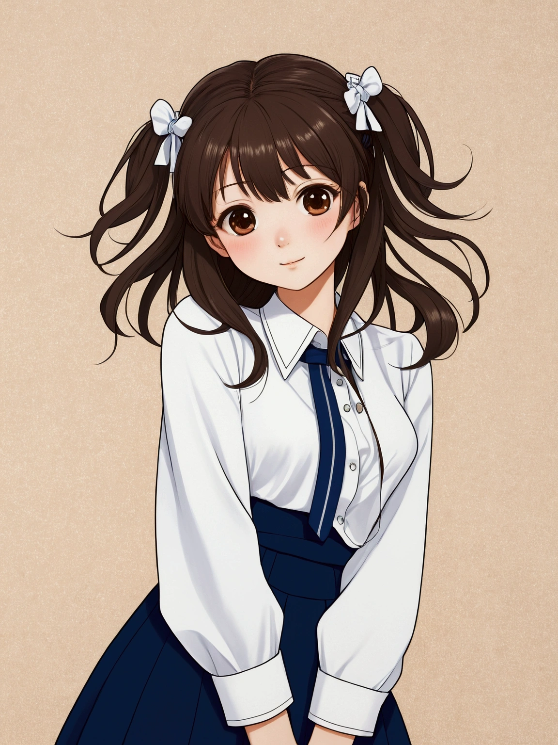 a girl with twintail brown hair wearing white shirt, navy skirt