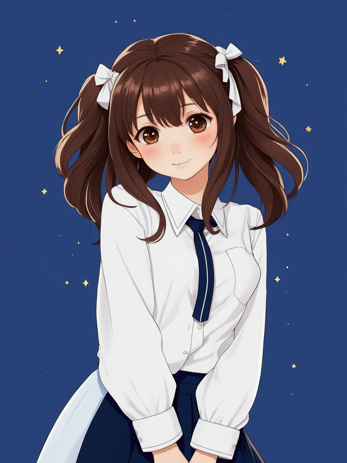 a girl with twintail brown hair wearing white shirt, navy skirt