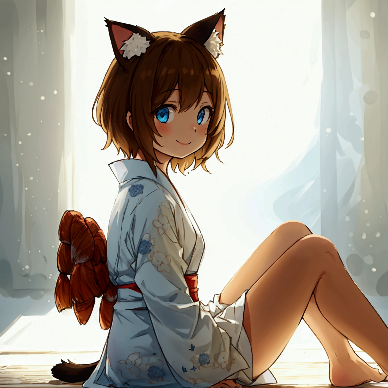 White background {Chibi-Chara} full-body figure with a single strand of aphidi hair, semi-short, loose and fluffy, light brown, beaming smile, light blue eyes, woman in her 20s, sitting on the floor in a white yukata with a long hem, cat ears and tail.