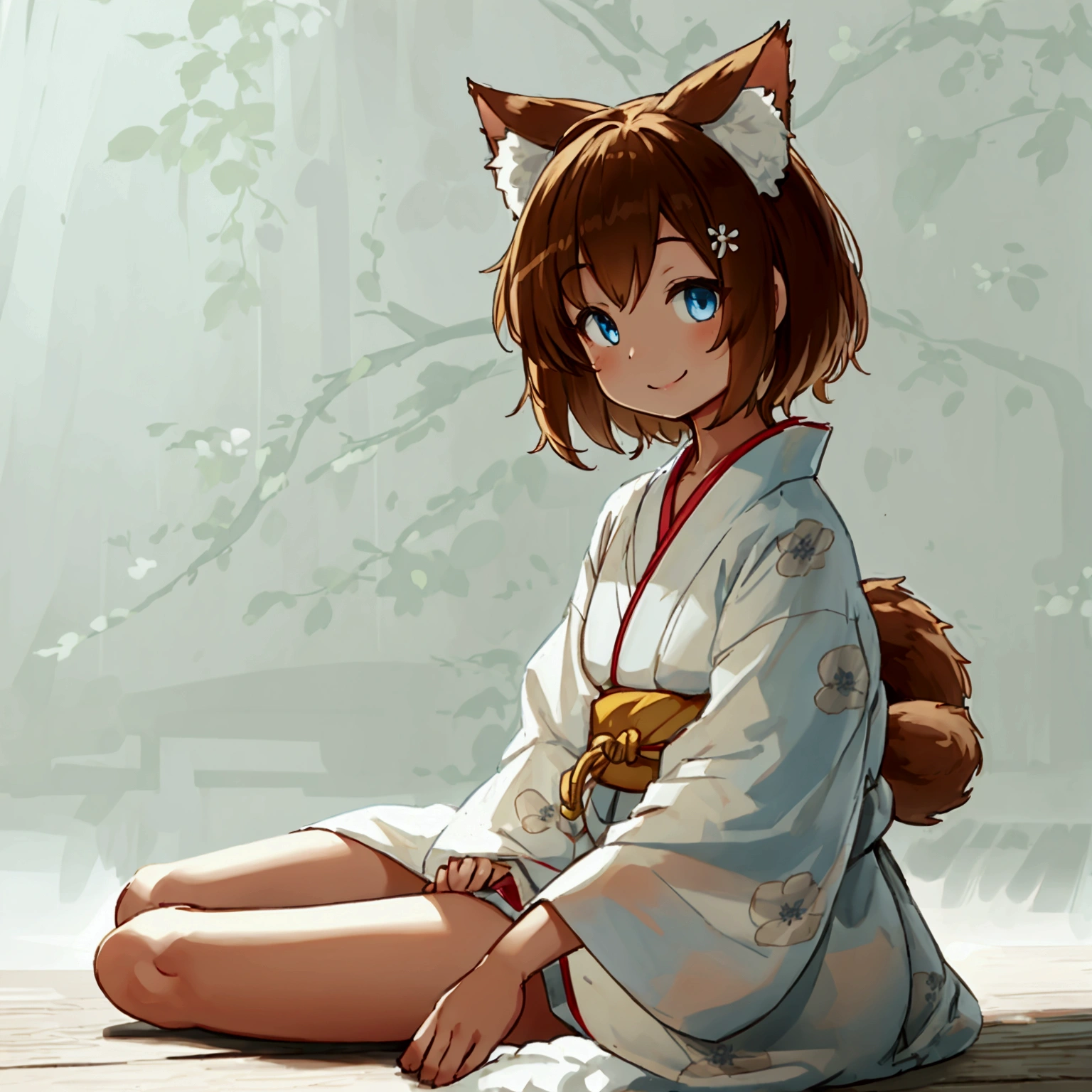 White background {Chibi-Chara} full-body figure with a single strand of aphidi hair, semi-short, loose and fluffy, light brown, beaming smile, light blue eyes, woman in her 20s, sitting on the floor in a white yukata with a long hem, cat ears and tail.