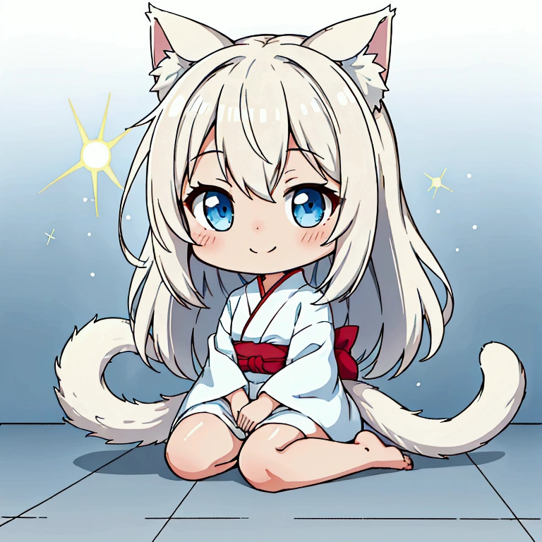 White background {Chibi-Chara} full-body figure with a single strand of aphidi hair, semi-short, loose and fluffy, light brown, beaming smile, light blue eyes, woman in her 20s, sitting on the floor in a white yukata with a long hem, cat ears and tail.